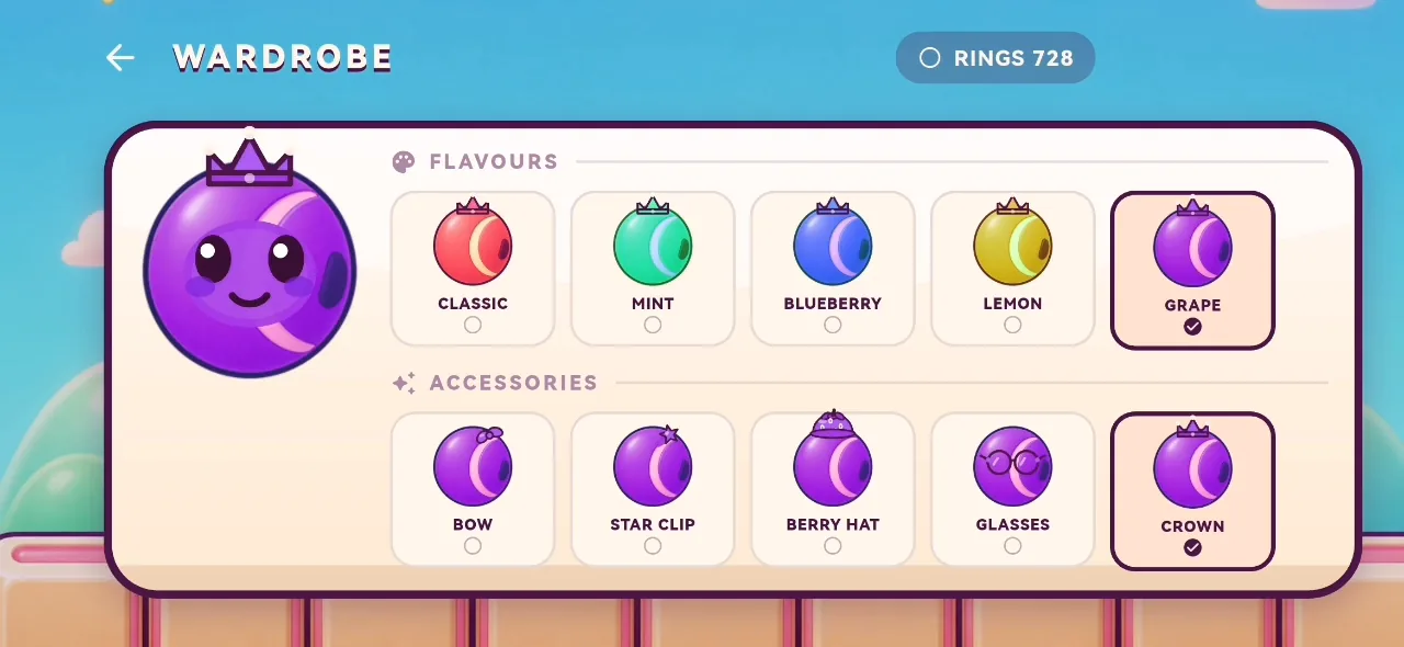 Boingle wardrobe showing five flavours and five accessories